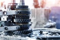 Closeup disassembled car automatic transmission gear part on workbench at garage or repair factory station for fix