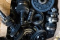 Closeup disassembled car automatic transmission gear part on workbench at garage or repair factory station for fix