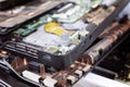 Closeup of disassembled laptop in recycling plant Royalty Free Stock Photo