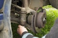 Closeup disc brake of the vehicle for repair. Royalty Free Stock Photo