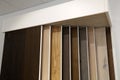 Closeup of a display of samples of laminated floor texture pattern Royalty Free Stock Photo