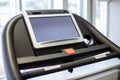 Closeup of the display of the treadmill in the fitness room.