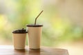 Closeup of disposable take away paper cup of hot and iced coffee on wooden table with green nature background Royalty Free Stock Photo