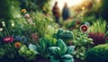 Closeup of diverse plants in a sustainable garden, human shapes blurry in the distance. AI generated. Royalty Free Stock Photo