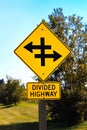 Closeup of a divided highway warning sign