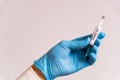 Closeup of doctor hand with gloves holding covid-19 vaccine syringe on white background. concept of science and coronavirus Royalty Free Stock Photo