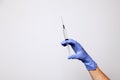 Closeup doctor or nurse hand in rubber latex medical purple glove holding a transparent syringe with sharp needle. ÃÂ¡oncept