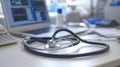 A closeup of a doctors stethoscope with a computer screen in the background displaying AIgenerated data on disease