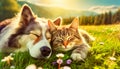 Dog and Cat Sleeping Chilling Relaxing Together on a Fresh Green Meadow - Generative Ai Royalty Free Stock Photo