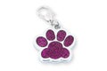 Closeup dog collar metal tag shaped in form footprint. Footprint clip collar accessory, leash charm Royalty Free Stock Photo