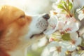 Closeup of a dog sniffing a spring blossom. Dog smelling flower. Generative AI Royalty Free Stock Photo