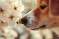 Closeup of a dog sniffing a spring blossom. Dog smelling flower. Generative AI Royalty Free Stock Photo