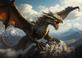 Closeup of a dragon on a mountain with a sky background - promot