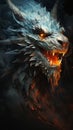 Closeup of a dragon\'s fire mouth and a dire wolf\'s portrait on t