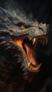 Closeup of a dragon\'s mouth open wide with teeth showing, in a h