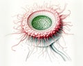 A closeup drawing of a pink, white, and green jelly object with