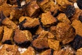 Closeup of dried and cut chaga mushroom