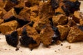 Closeup of dried and cut chaga mushroom on cutting board