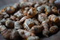 Closeup dried galangal on the clay plate