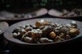 Closeup dried galangal on the clay plate