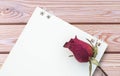 Closeup dried red rose with white note paper on wood desk texture background with copy space Royalty Free Stock Photo