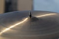 Closeup of drummer raid cymbal, drum set before concert. Royalty Free Stock Photo