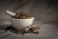 Closeup of Dry Punarnava roots and leaves, in white ceramic mortar and pestle. Royalty Free Stock Photo