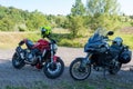 Closeup of Ducati Motorbikes parked outside on a sunny day Royalty Free Stock Photo