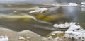 Winter flowing water with detail of melting snow and ice in abstract background