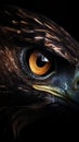 Closeup eagle eye, portrait of animal on dark background.
