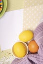 Closeup Easter backdrop with colored eggs and homemade cookies