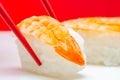 Closeup of ebi king prawn nigiri prepared by a Japanese chef in a restaurant Royalty Free Stock Photo