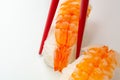 Closeup of ebi king prawn nigiri prepared by a Japanese chef in a restaurant Royalty Free Stock Photo