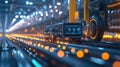 Closeup of an edge computing device on a material handling system with an array of lights blinking in a synchronized