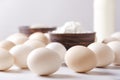 Closeup of eggs, four and glass of milk.Cooking process.Ingredients for preparing and mixing dough