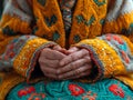 Closeup of elderly hands resting gently in lap, adorned with a vibrant, intricately patterned sweater. A poignant image