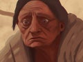 A closeup of an elderly refugee woman waiting in an immigration office her wrinkled face full of worry and desperation