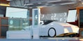 Closeup Electric car at futuristic charging station.3D rendering