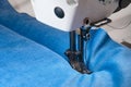 Closeup of the electric household sewing machine and item of clothing Royalty Free Stock Photo