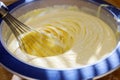 Closeup of electric mixer with whipped smooth dough for cake. Batter being whipped. Mixing white dough in bowl with motor mixer,