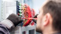 Closeup of electrician engineer works with electric cable wires Royalty Free Stock Photo