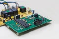 Closeup on electronic board power supply,blurred and toned image Royalty Free Stock Photo