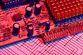 Closeup of electronic components, printed circuit board, unit, part, circuit diagram, computer equipment and digital microchip - Royalty Free Stock Photo