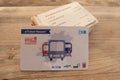 closeup electronic eTicket on table, monthly train, bus travel passes in germany for public transport, travel concept,