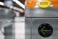 Closeup of electronic turnstile at subway station platform. Gates are open. Automatic access system control, check point