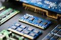 Closeup of electronics computer components microprocessors mainboard Royalty Free Stock Photo