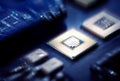 Closeup of electronics computer components microprocessors mainboard Royalty Free Stock Photo