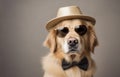 Closeup of elegant golden retriever wearing sunglasses, straw hat and a bow tie, on solid background.