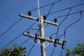 Closeup Eletricity line in blue sky background