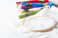 Closeup of an embroidery process, a green thread in a needle. Wooden embroidery frame for needlework. Workplace for Royalty Free Stock Photo